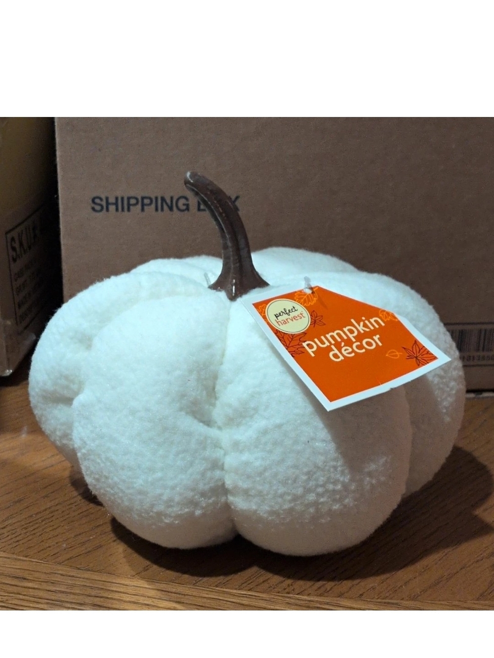 White Plush Pumpkin Decor with Brown Stem